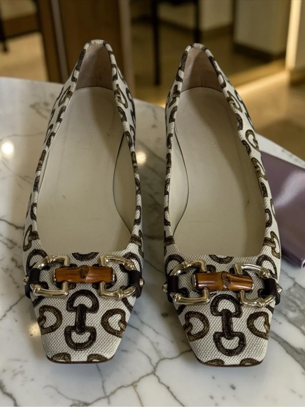 AUTHENTICATED Gucci Horsebit Beige Brown GG Canvas Bamboo Flats! Size 7B! - Picture 2 of 9